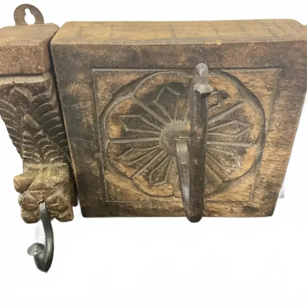 Wooden Hand Carved Dark Wood Floral Hanger Hook Wall Hanging Ancient Hook 3 PC